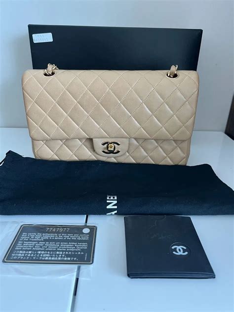 Chanel Beige Quilted Lambskin Old Medium Double Flap Gold 